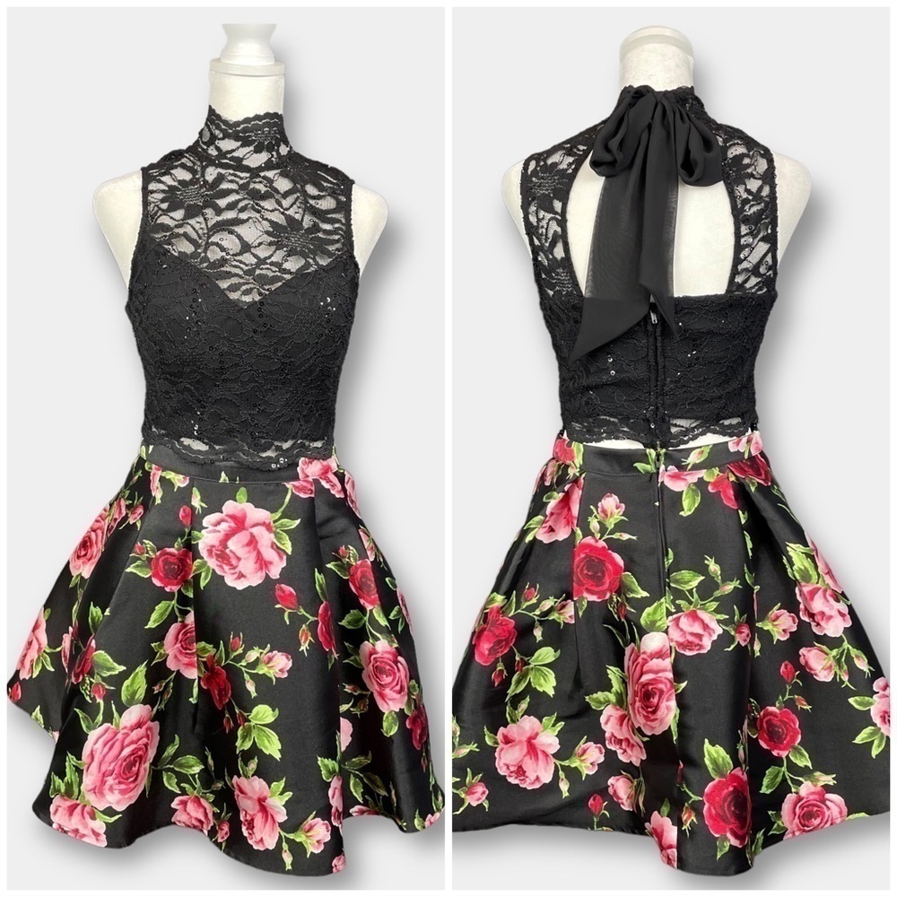 B. Darlin 2 piece Rose Lace Black Pink Size 3 - 4